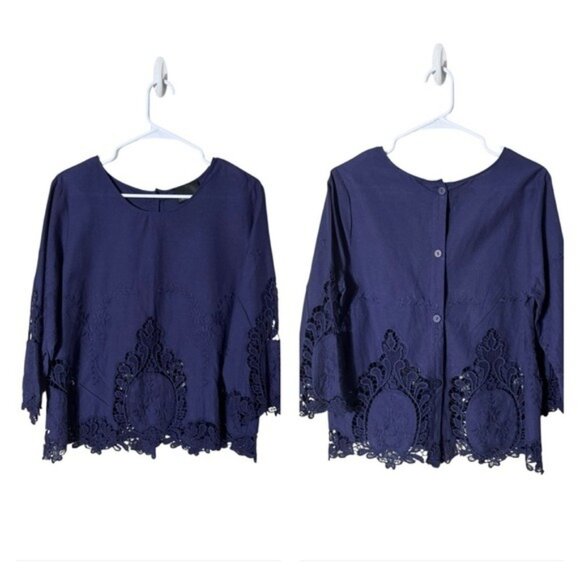 Cynthia Rowley Womens Crochet Top Blouse Medium Bohemian Fairy Navy Blue Beachy - Picture 5 of 8